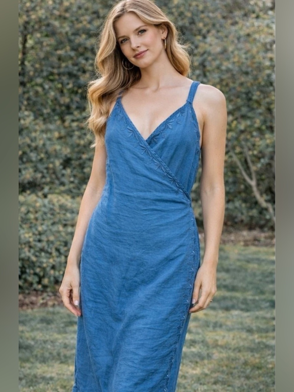 Blue V-Neck Linen Blend Slip Dress
